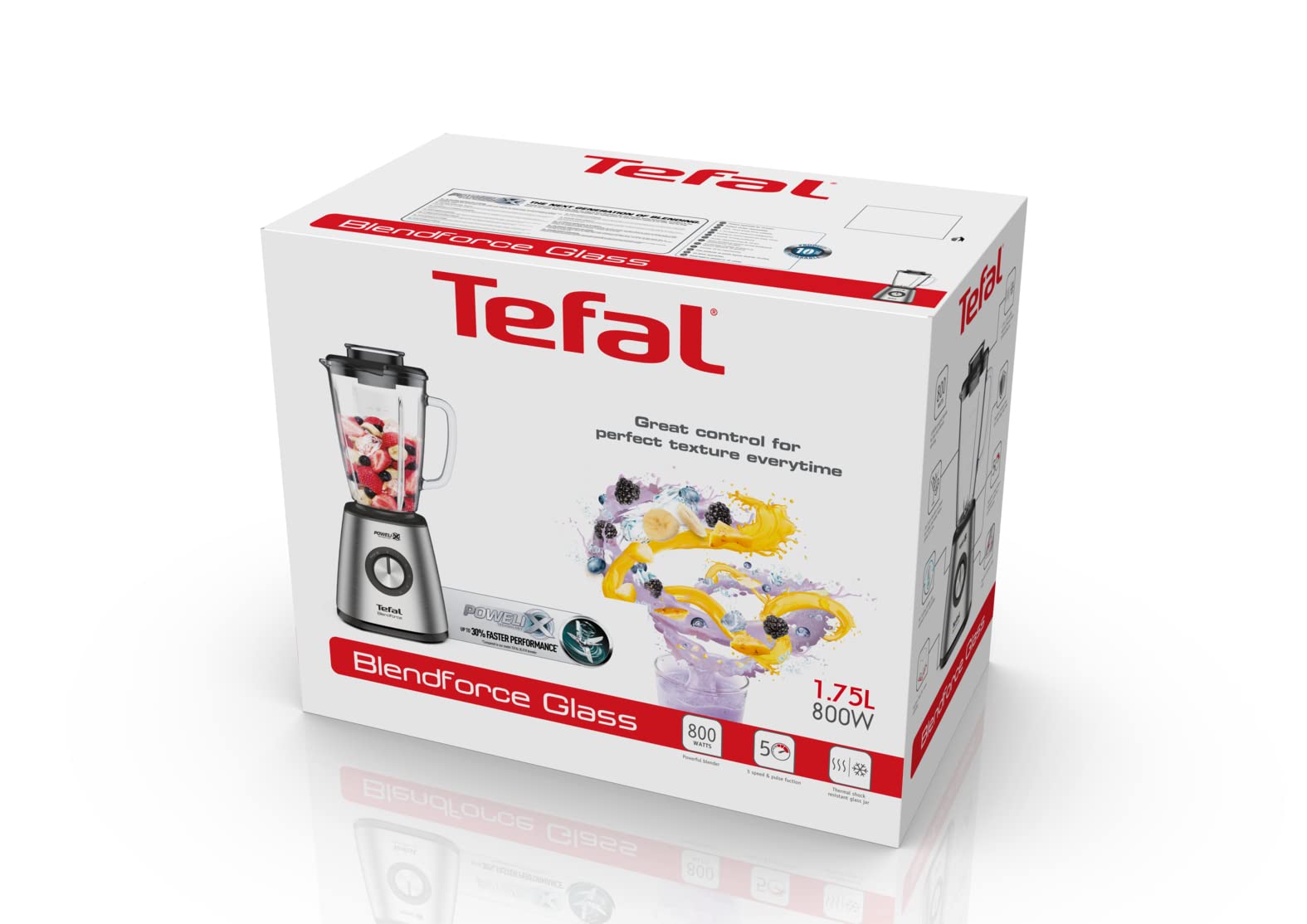 Tefal Blendforce 2 BL439D Blender, snelle en krachtige blender, 6 Powelix- messen, roestvrijstalen behuizing, thermische glazen pot van 1,75 liter, Ice Crush, 800 W