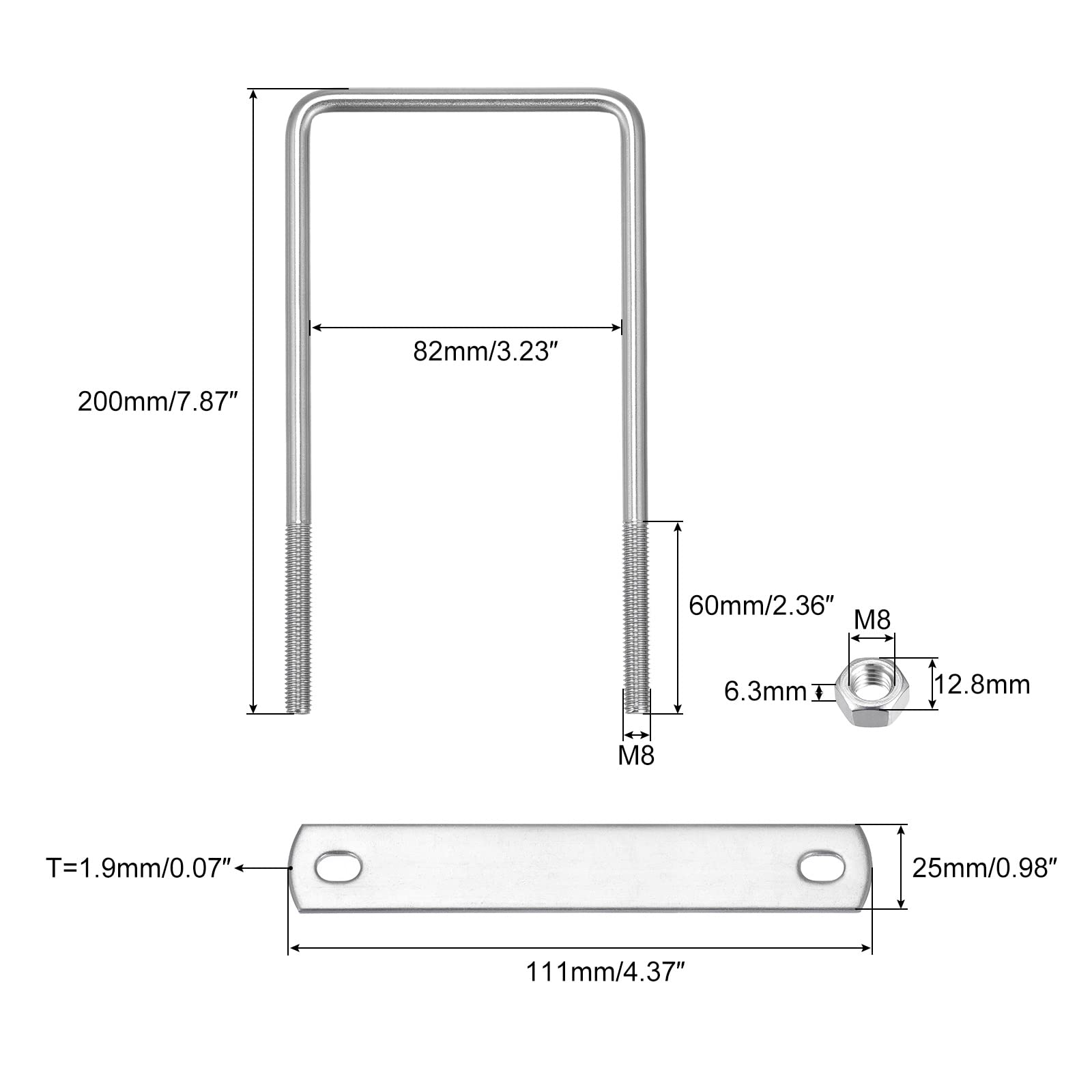Amazon | uxcell 角Uボルト 82 mm内幅 200 mm長さ M8 304ステンレス鋼