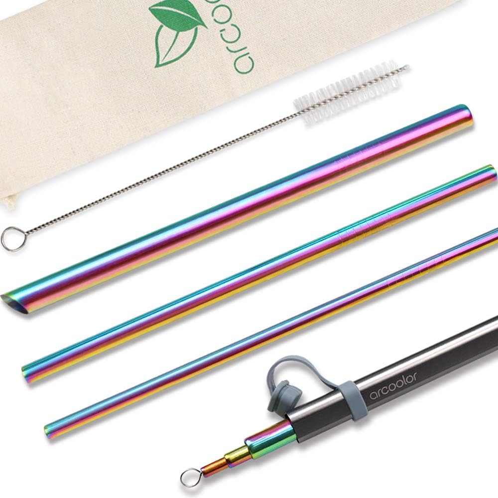 8.5 inch Reusable Stainless Steel Straws, Include Angled-Tip Boba Drinking Straws for Bubble Tea & Smoothie, with Travel Case, Cleaning Brush, Linen Pouch (Rainbow Straw with Grey Case)