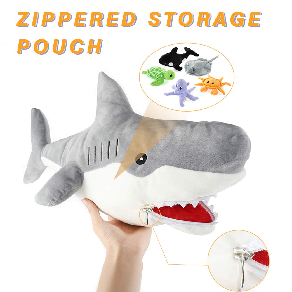 Muiteiur 23-Inch Plush Great White Shark with 5 Piece Soft Stuffed Sea Animals Includes Stuffed Octopus, Crab, Turtle, Stingray, and Killer Whale, Gift for Girlfriend Kids