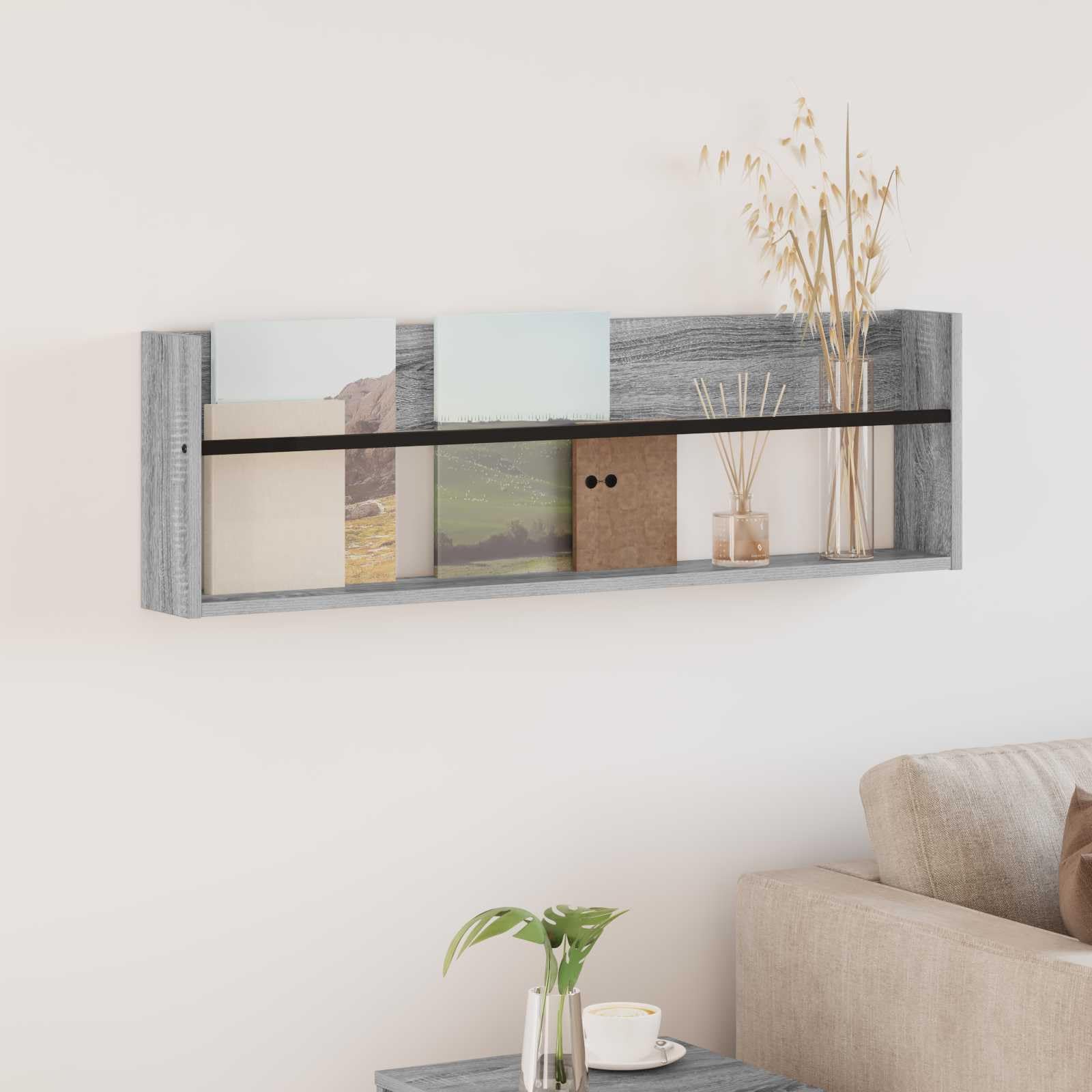 Regał na czasopisma montowany na ścianie Sonoma w kolorze szarym, 100 x 12 x 30 cm, materiał drewnopochodny, do salonu, biura, korytarza, recepcji, zajmuje mało miejsca, uchwyt na magazynek o