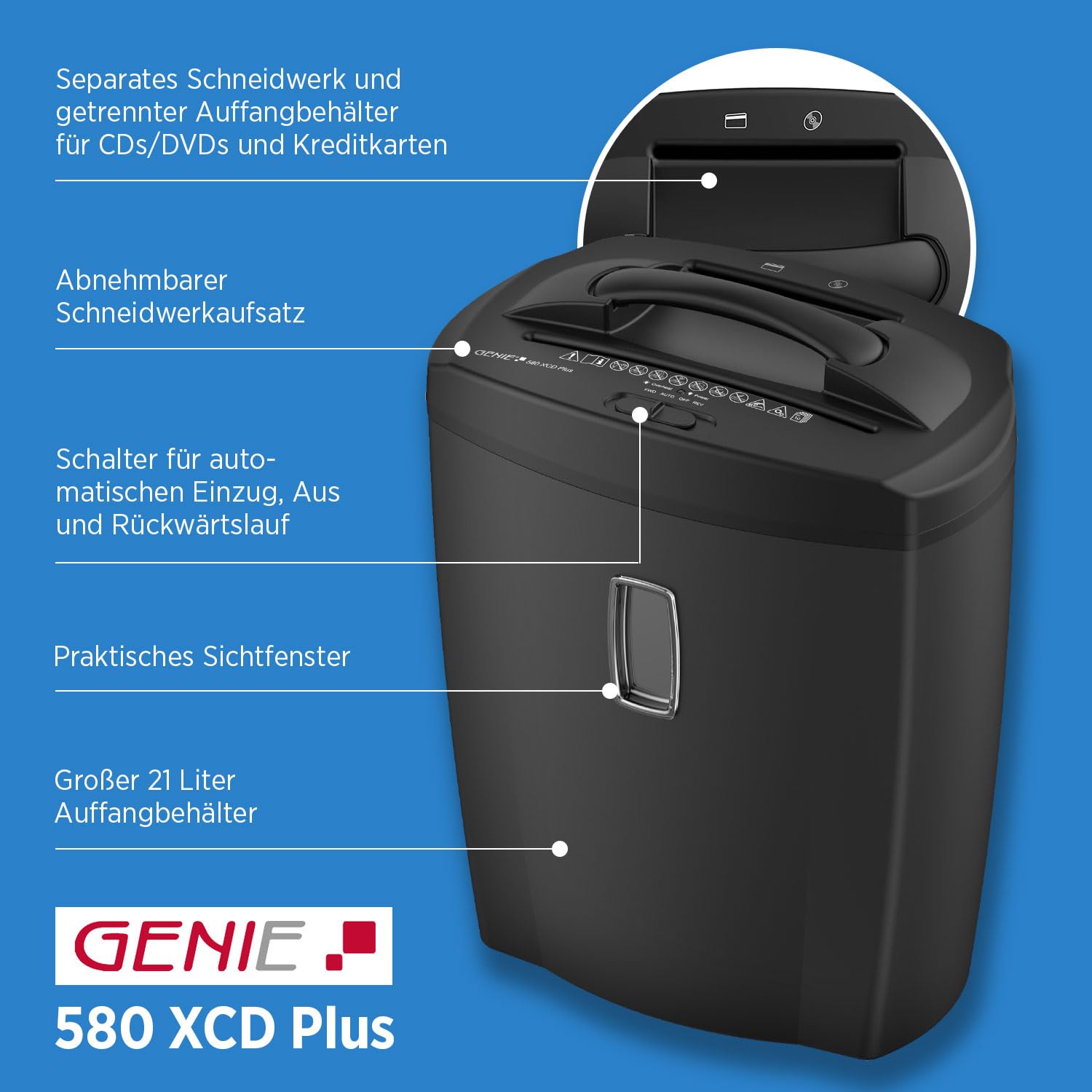 GENIE 580 XCD Plus, niszczarka dokumentów, pojemność 10 arkuszy, niszczy płyty CD/DVD i karty kredytowe, 21 litrowy pojemnik na odpady