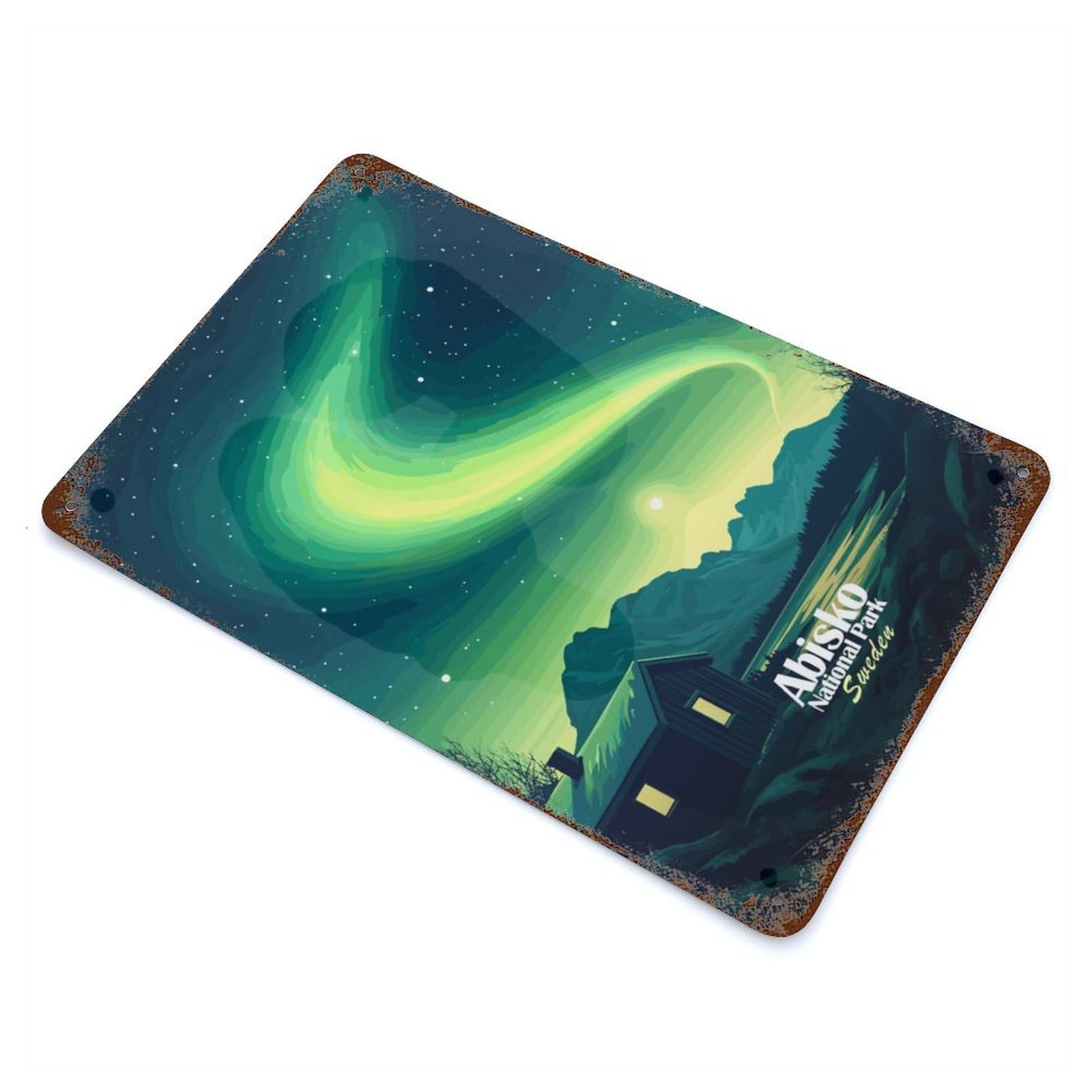 Northern Lights Landscape Rusty Metal Tin Sign 11.8"x7.9", Ideal for Patio, Garden Room And Bar Decor