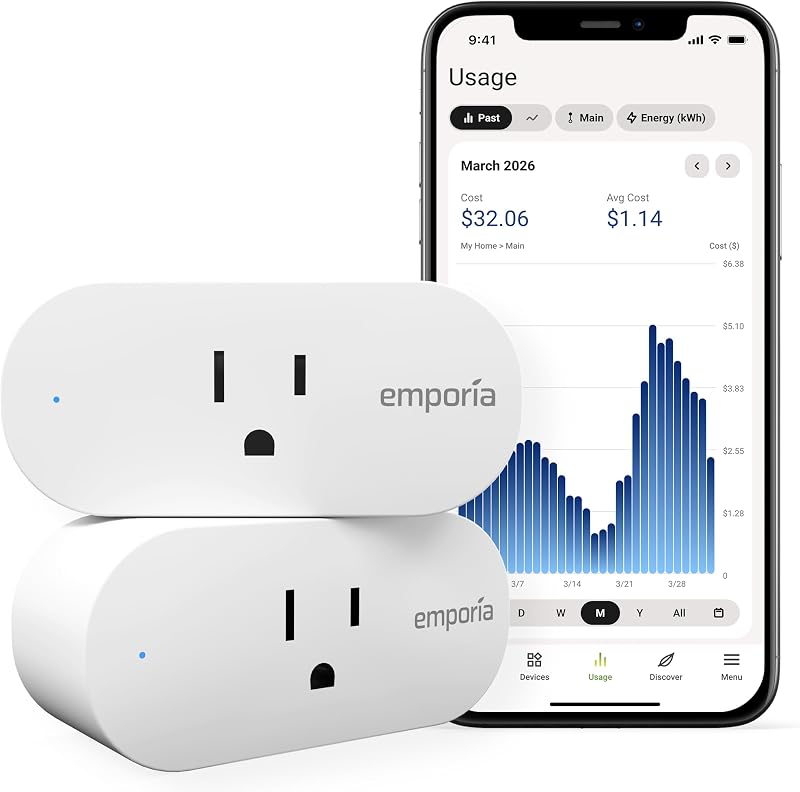Emporia Enchufe inteligente de monitoreo de energía, enchufe inteligente WiFi funciona con Alexa y Google Home - Toma de 15 A con temporizador, aplicación celular, monitor de energía del hogar, programación - WiFi de 2,4 GHz solamente (paquete de 2)