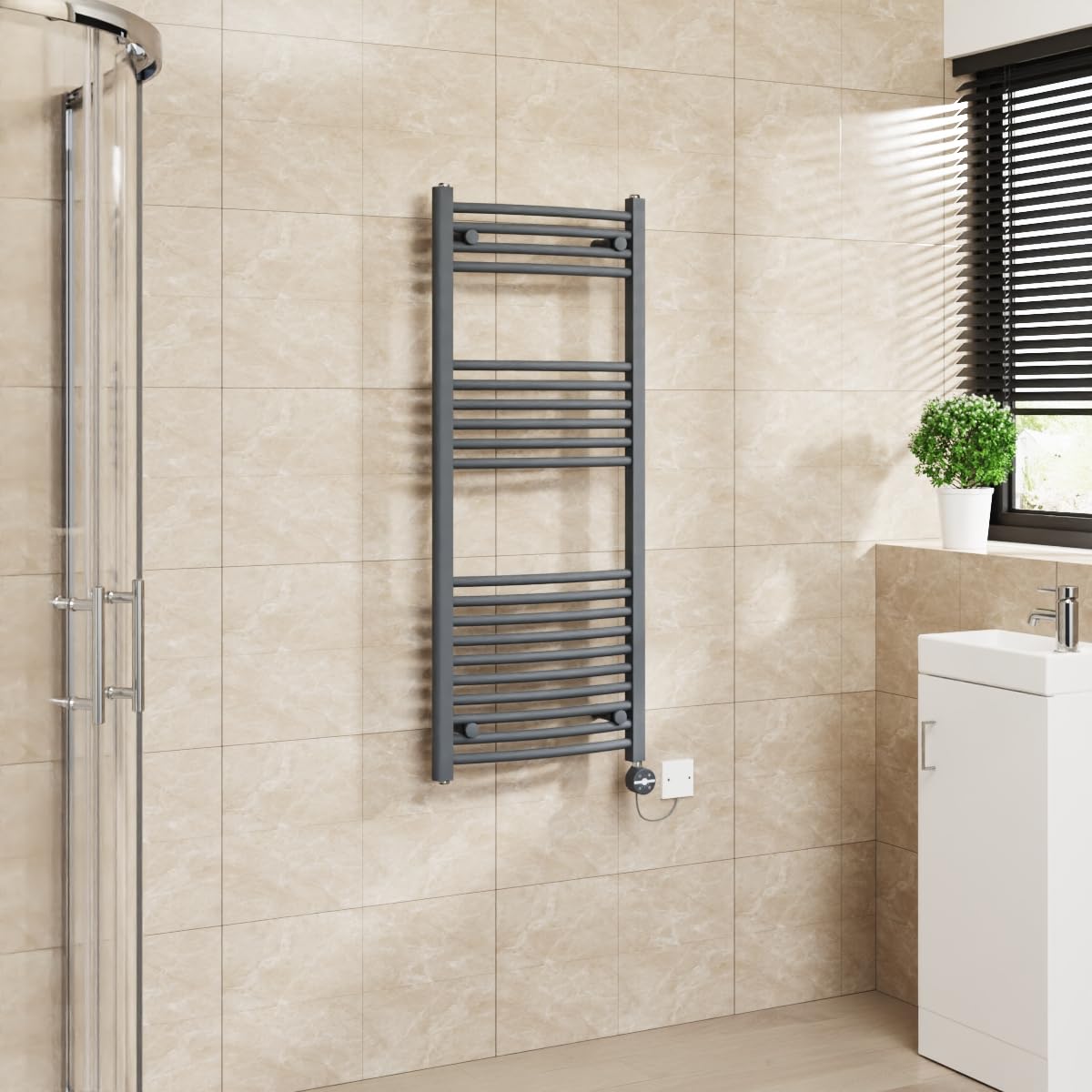 Warmehaus Anthracite Touch Screen Electric Heated Towel Rail Curved Thermostatic Bathroom Towel Radiator With Timer - 1200X500mm