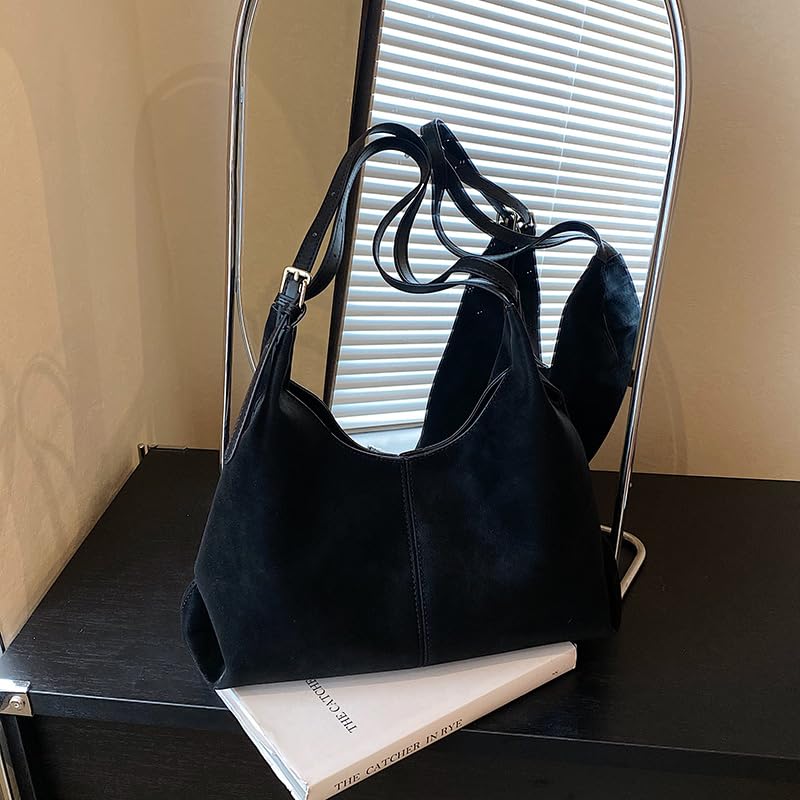 Retro Suede Shoulder Bag PU Slouchy Shoulder Bag Solid Colour Tote Handbag Large for Women Work Everyday3