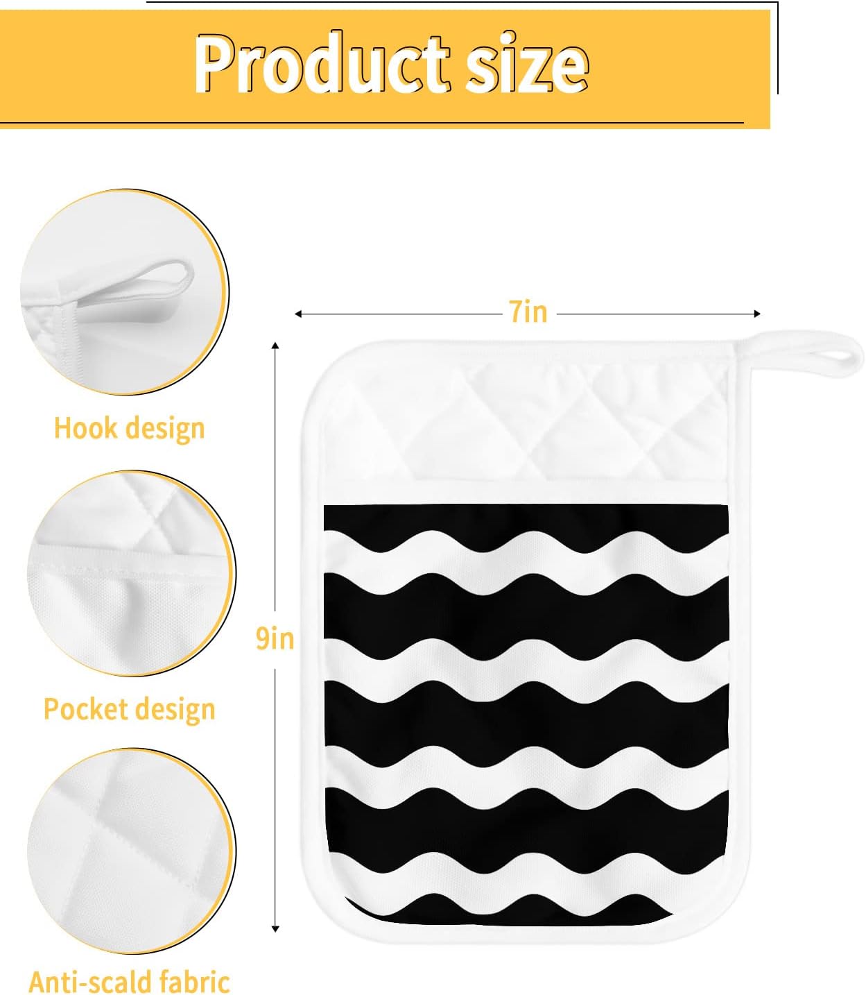 Pot Holders, Wave Black Striped Pot Holder, Heat-Resistant Hot Pockets, Pot Holders for Kitchen, Hot Pads for Kitchen, Kitchen Accessories 5 Pcs Potholders