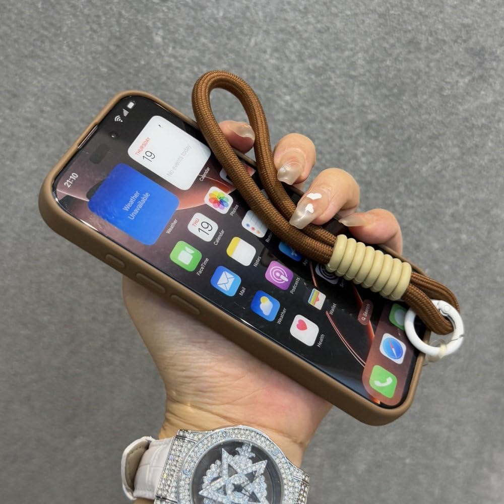 Magnetyczny uchwyt pierścieniowy, pasek na nadgarstek, etui z przewodem do iPhone'a 16 11 12 13 14 15 Pro Max Plus, matowe, odporne na wstrząsy, brązowe, do iPhone'a 15 Pro Max