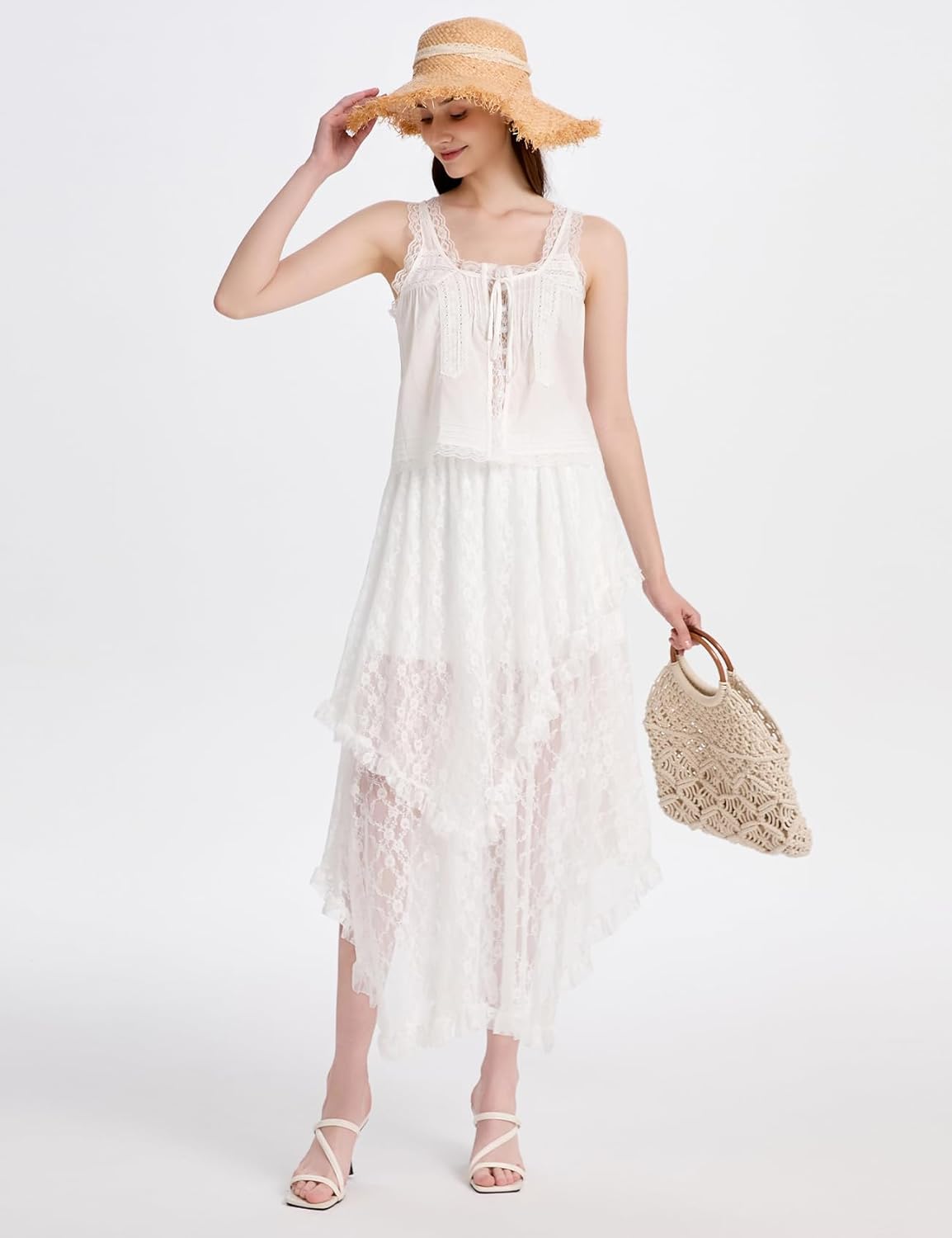 ROJZR Womens Lace Long Skirts Elastic High Low Asymmetrical Layered Hem Sexy See-Through Maxi Skirts Sheer Flowy Beach - Image 6