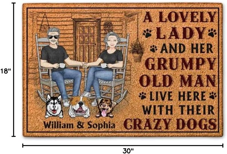 Dog and Family Couple Personalized Doormat A Lovely Lady and A Grumpy Old Man Door Mats Outdoor Funny Customized Dog Breeds Gift for Dog Lovers Front Door House Warming Gift