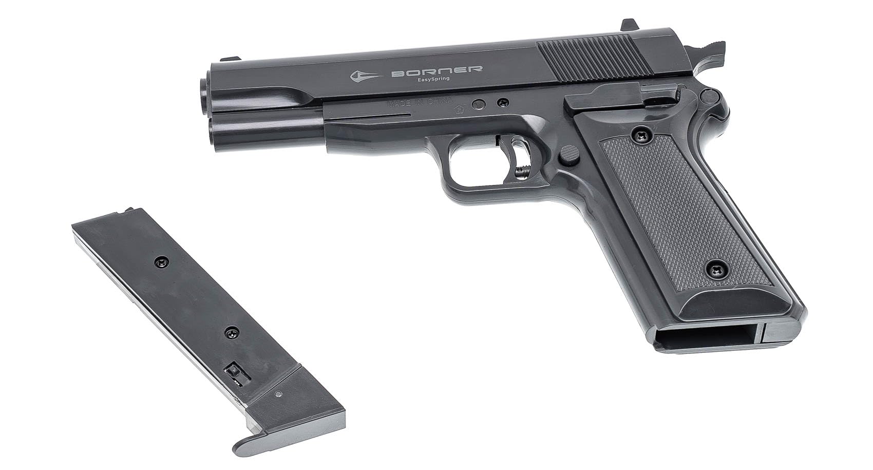 Pistola de Aire comprimido Borner EasySpring de balines 4,5mm | Pack M1911 Muelle +Bolas de Acero BB's + maletín y Diana [0,6 Julios]
