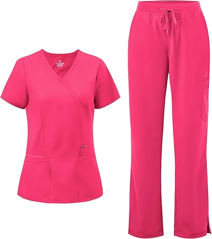 COZYFIT Scrubs for Women - Mock Wrap Top & Straight Leg Pants with 6 Pockets, Back Princess Seams, Soft Fabric