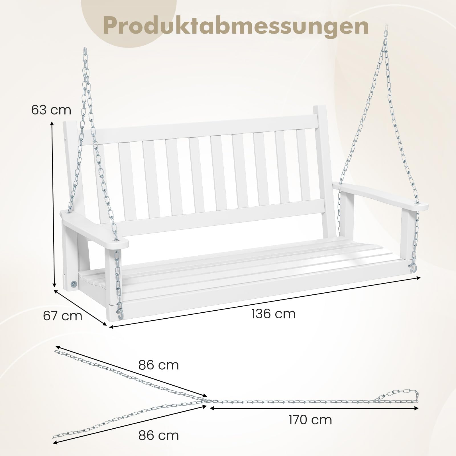 FANTASK Banco Colgante de Madera Maciza, Columpio de jardín de 2 plazas para Colgar, Columpio de jardín de hasta 230 kg, Columpio para Exteriores, Color Blanco, 136 x 67 x 63 cm