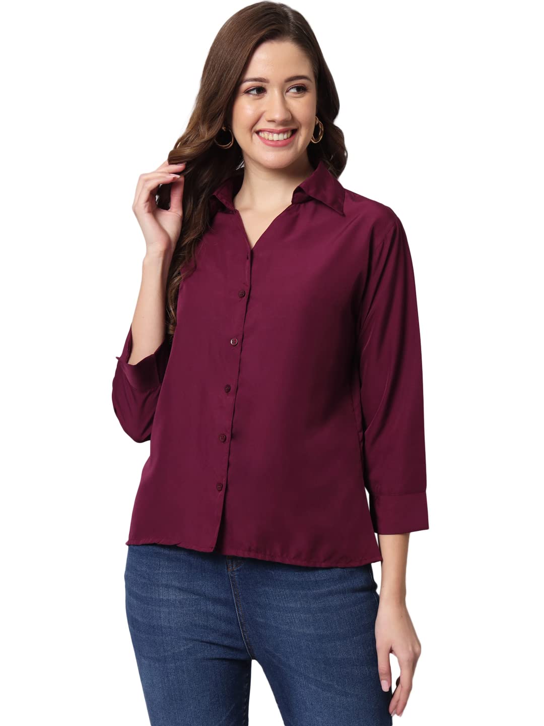 Flying Machine Women's Crepe Regular Fit Solid V Collered Formal/Casual Shirt in neutral
