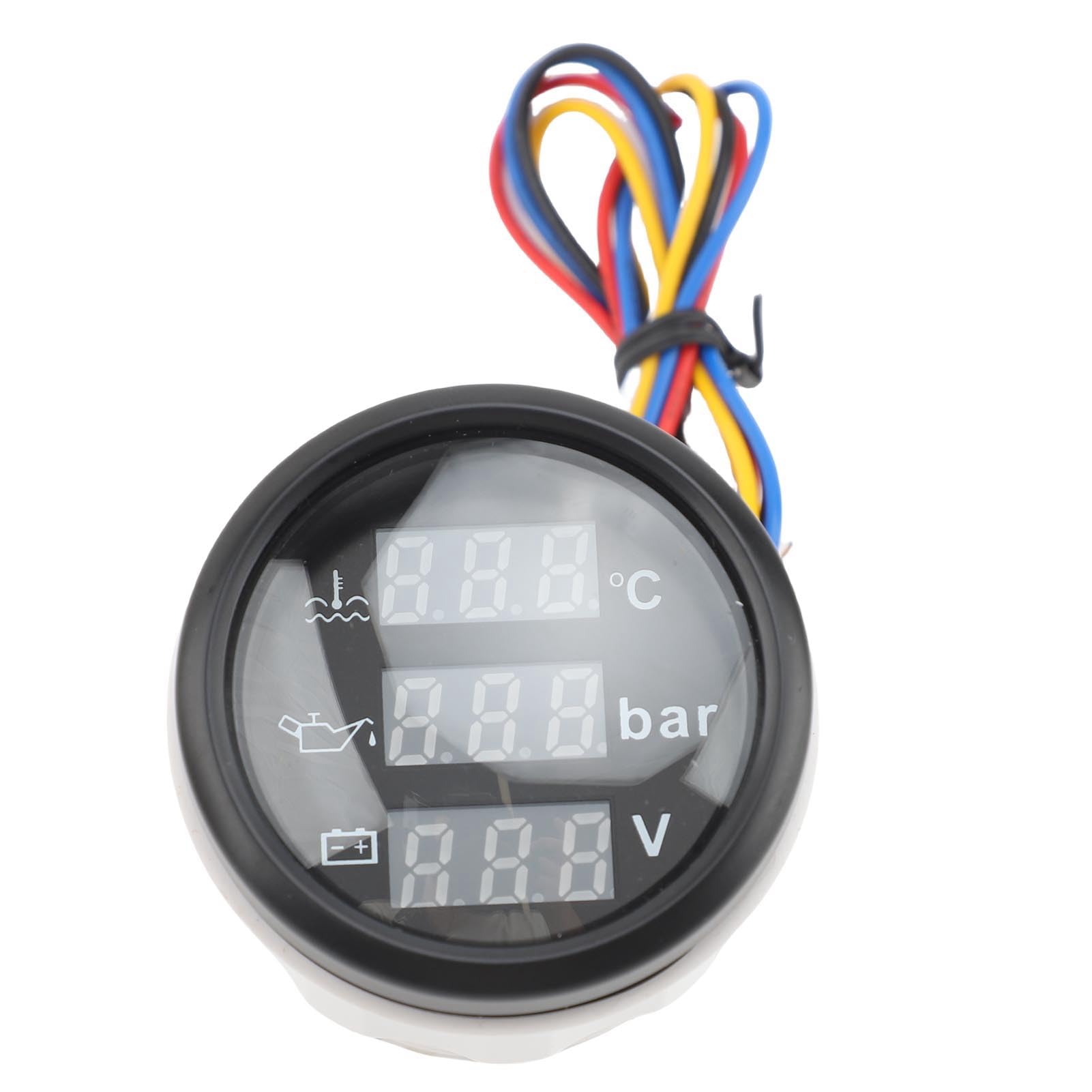 Kit de Calibre Triple de 52 Mm |Voltímetro Digital de Temperatura del Refrigerante, Presión de Aceite y Batería con Alerta para Vehículos Marinos RV (Esfera negra Cubierta negra)