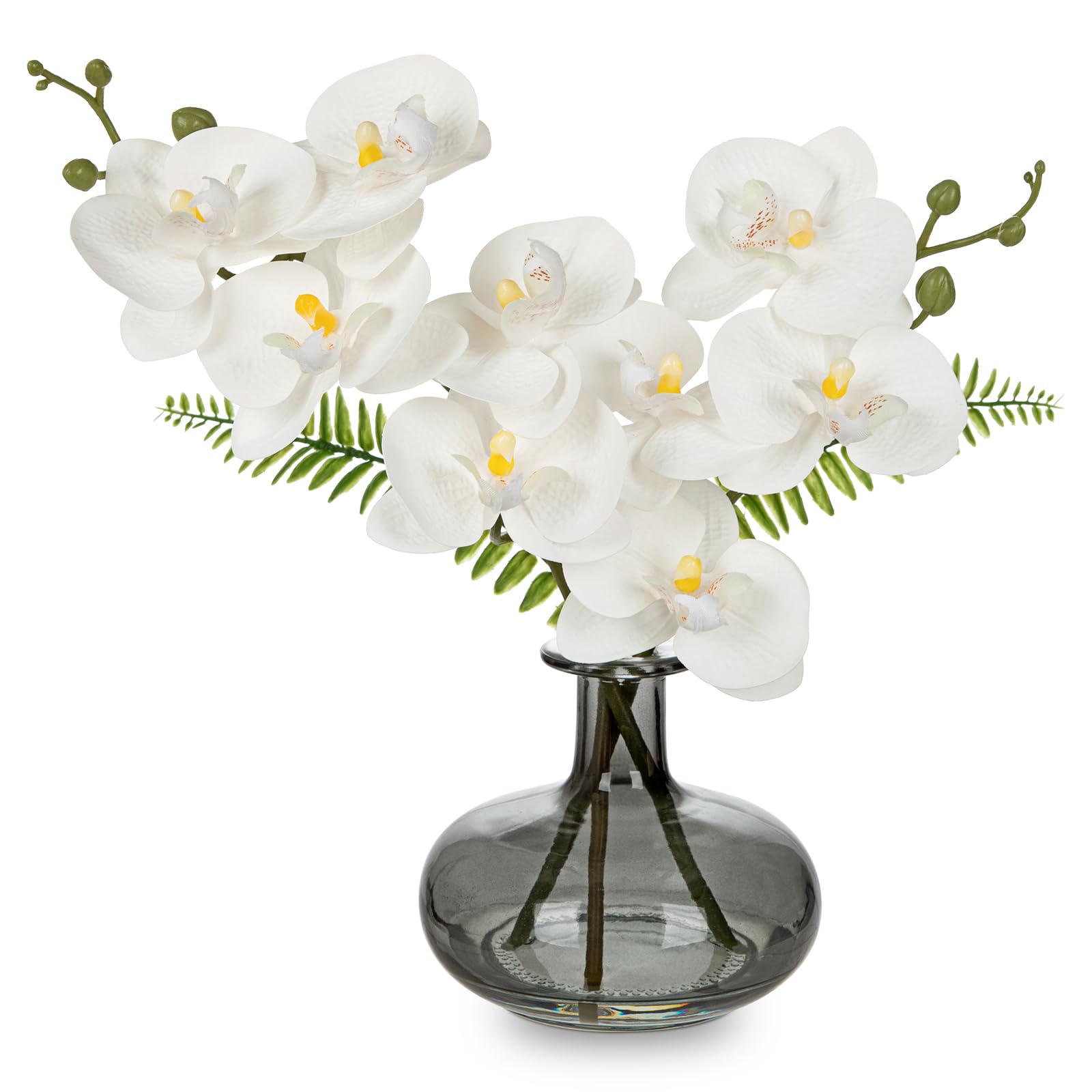 Briful 26CM Artificial Orchids in Dimgray Glass Vase, 10" White Orchids Fake Flowers in Faux Water