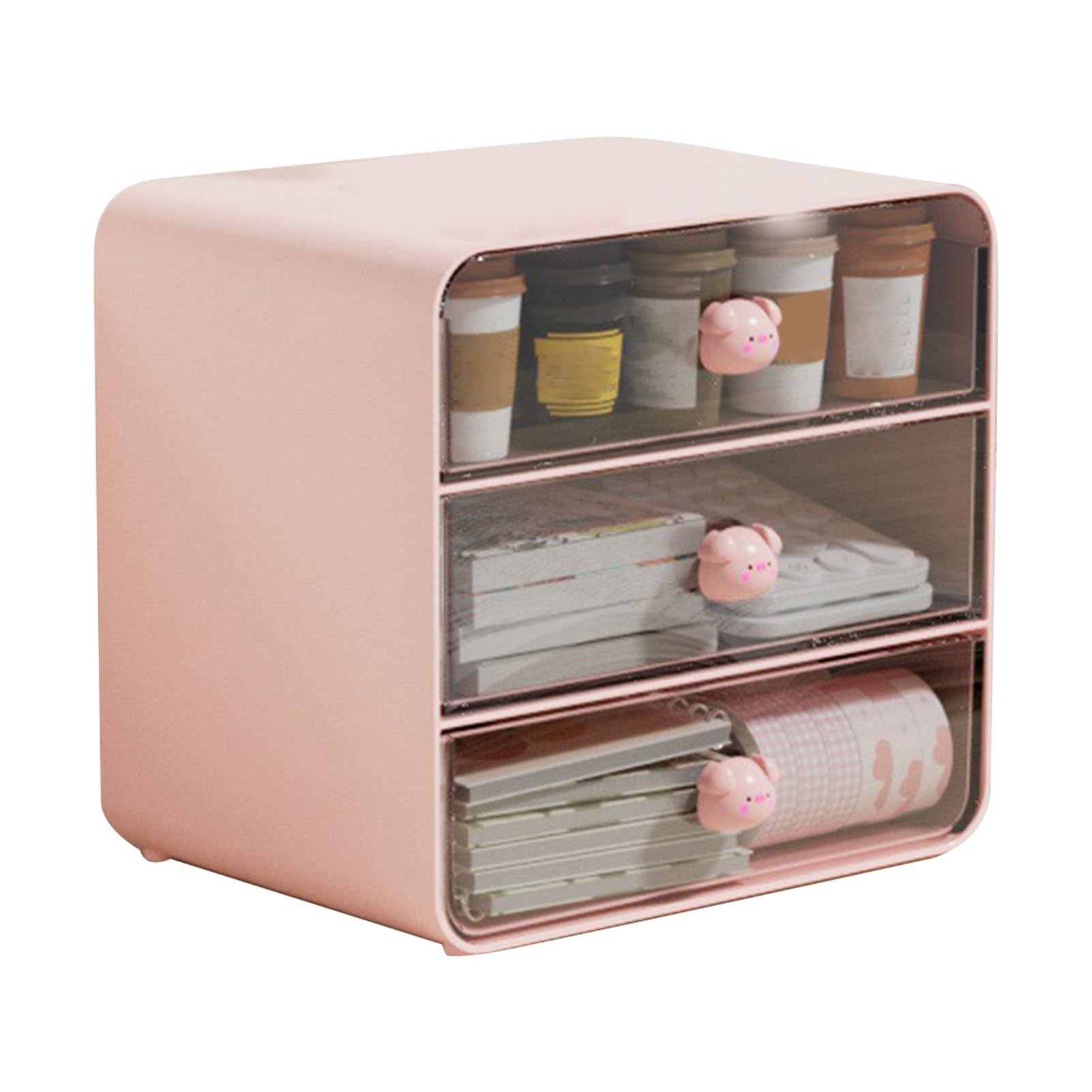 Sonew Organizer da Scrivania con 3 Cassetti, Organizer per Cosmetici in Plastica, Contenitore da Scrivania per Ufficio, Dormitorio, Scuola, Casa (Grande porcellino rosa)