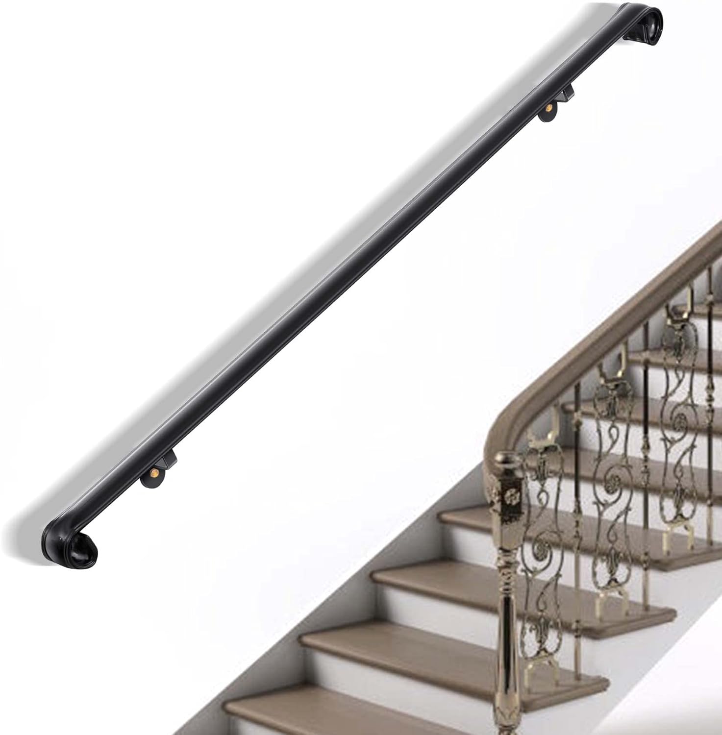 SCARIU 4 Ft Handrail Black Staircase Hand Railing Safety 440 LBS Load Capacity Black Wrought Iron Handrail for Steps Indoor & Outdoor - - 