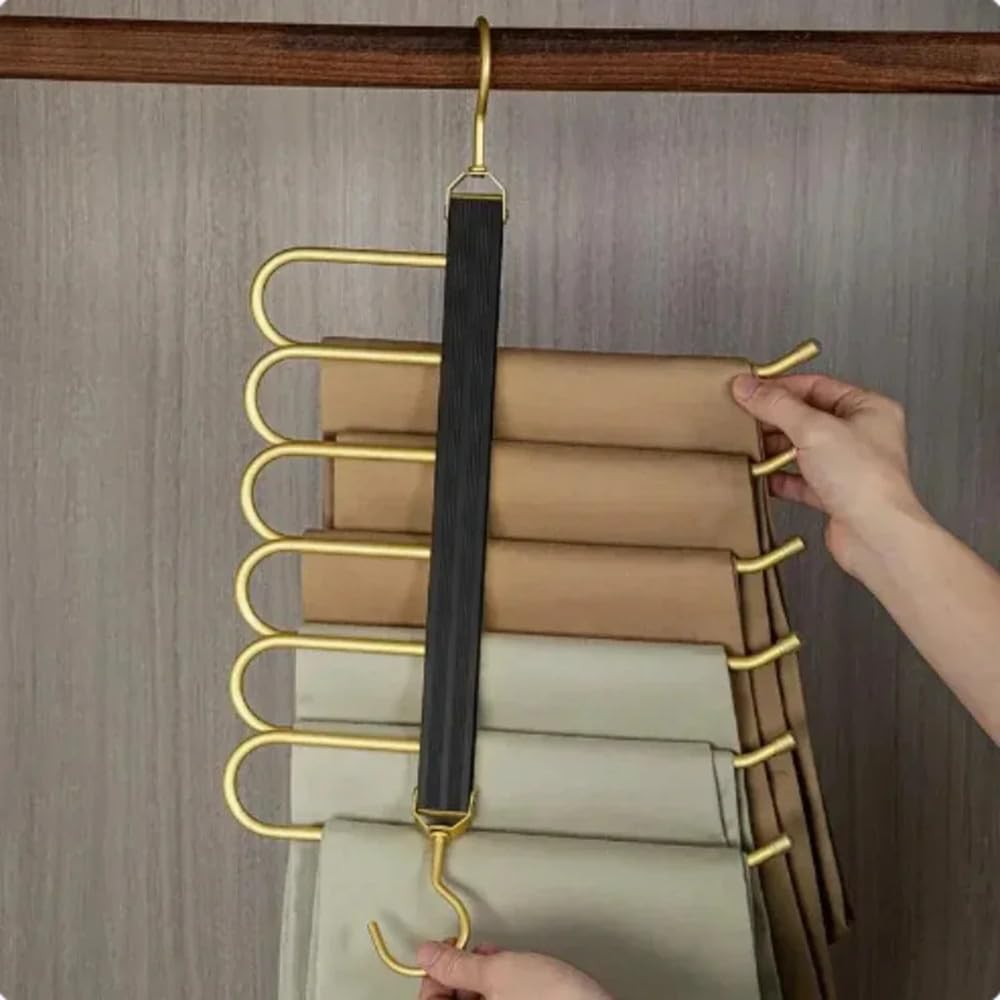 Magic Pants Hanger - Perchero giratorio 6 en 1 de aleación de aluminio plegable para pantalones, diseño antideslizante para el hogar, viajes y dormitorio, ropa negra versátil