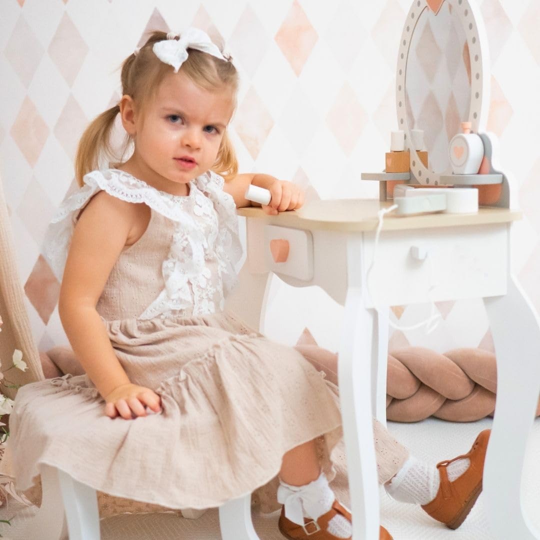 mamabrum Makeup Dreeser - Maquillaje de Madera Dresser para Niñas - Vanidad,Perfume, Esmalte de uñas, Cepillo, Lazos para el Pelo y Mesa de Maquillaje Estación de Maquillaje Niña Pequeña