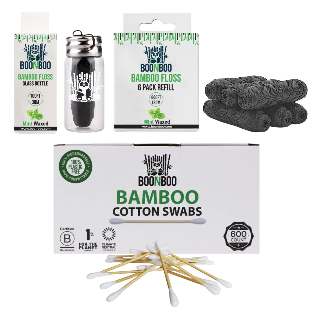 BOONBOO Dental Floss Glass Bottle 8 Pack Refill Mint Flavor 600ct Cotton Swabs