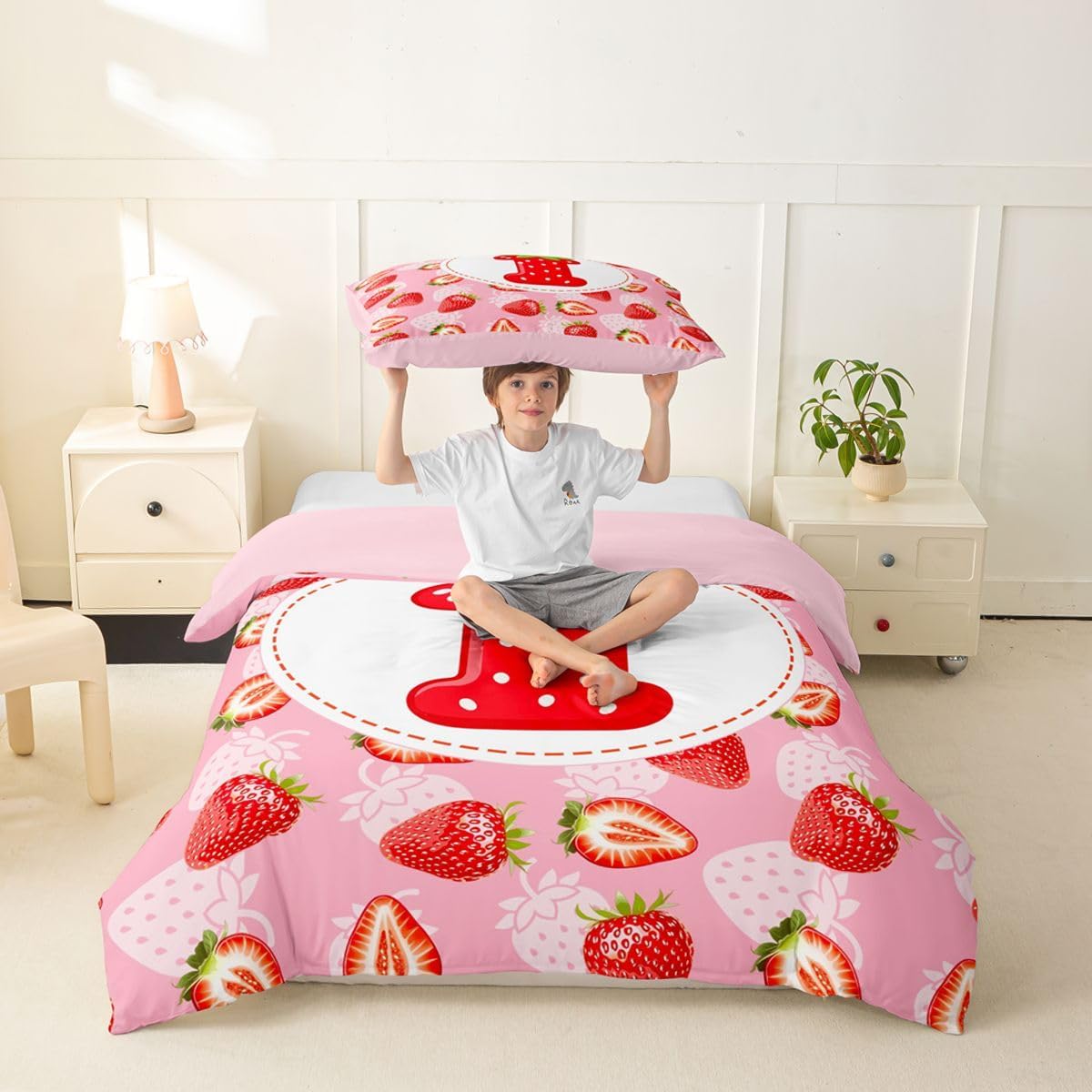 Erosebridal Custom Strawberry Duvet Cover Personalized Initial I Toddler Bedding Sets,Princess Pink Kawaii Bed Cover (No Comforter)
