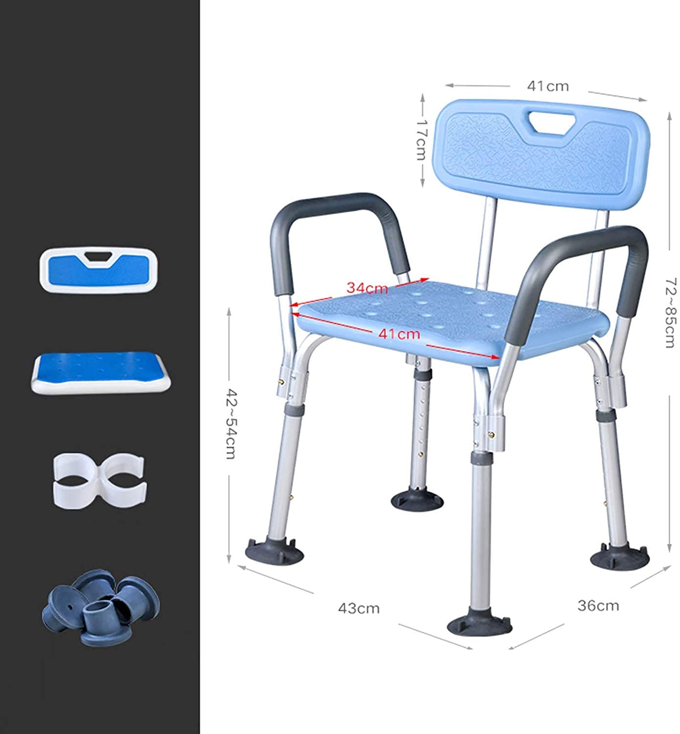 Silla de ducha de altura ajustable, taburete de seguridad antideslizante con brazos y respaldo para personas mayores y discapacitados, soporta hasta 150 kg, ayuda de ducha ideal para personas mayores