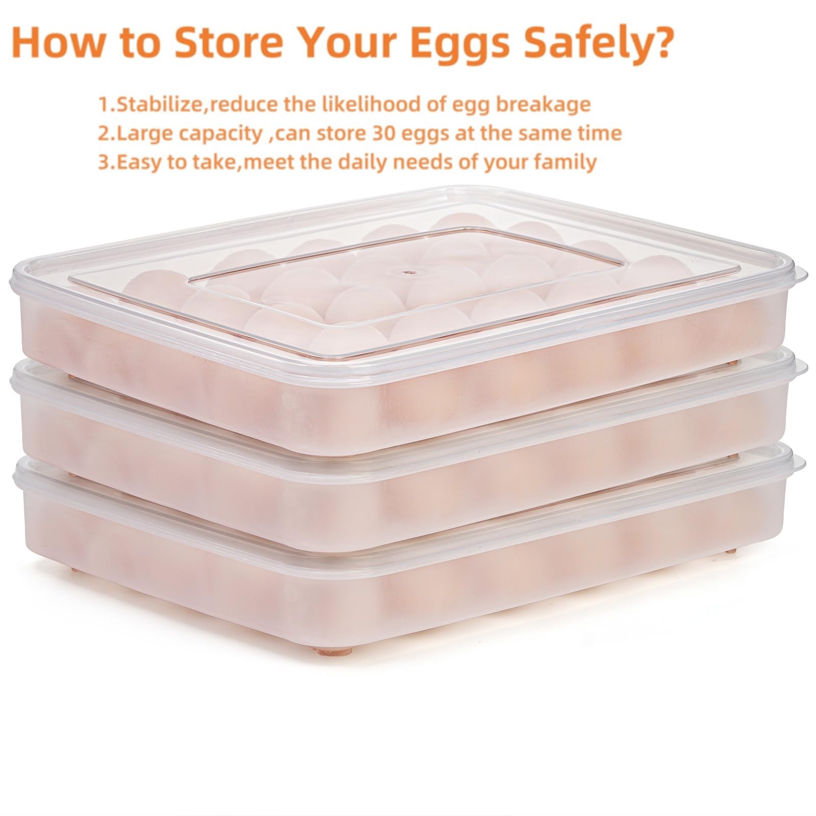 Paquete de 3 recipientes para huevos con tapa, bandeja portadora de huevos Deviled de plástico con 90 ranuras, soporte apilable para huevos de almacenamiento para refrigerador, bandeja de 3