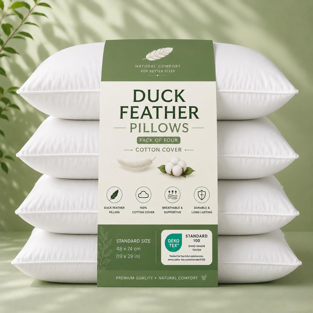 1200gsm Duck Feather Pillows Extra Soft Filling Hypo Allergenic Anti Dust Mite Filling 85% Feather 15% Down pillows Premium Support Designed Side Back Sleepers Bed 48 X 74cm (Pack of 4 (Cotton Cover))