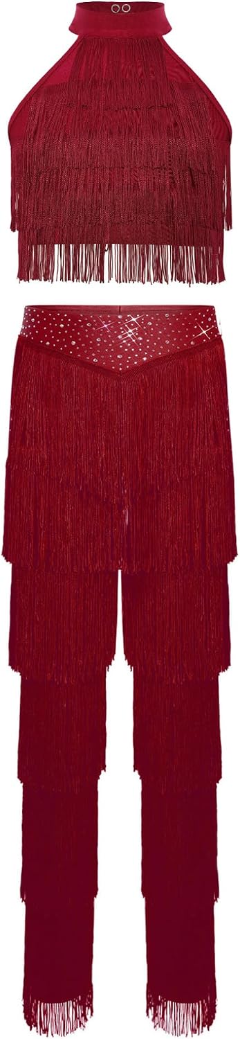 ACSUSS Kids Girls Latin Ballroom 2 Piece Dance Outfit Sleeveless Fringe Crop Top and Tassel Pants Clothing Sets Burgundy 16 Years