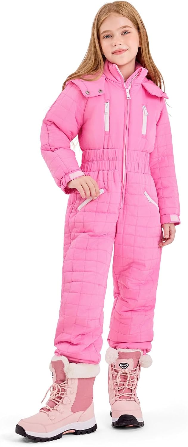 Haloumoning Kids Snow Suit Girls Hooded Waterproof Insulated One Piece Ski Suit 5-14 Years