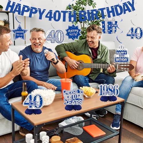 Image of Crenics Blue 1986 40th Birthday Decorations for Men or Women | Happy 40th Birthday Banner, Awesome Since 1986 Banner, Honeycomb Centerpieces and Hanging Swirls for 40 years old Party Supp