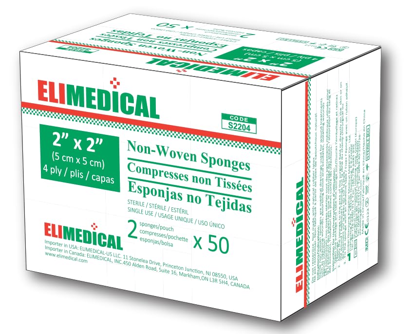 ELIMEDICAL Esponjas no tejidas, hisopos de gasa - estériles, 100 esponjas- almohadillas de gasa estériles suaves y absorbentes para apósitos de heridas. (2'x2'(5x5cm)-4ply)
