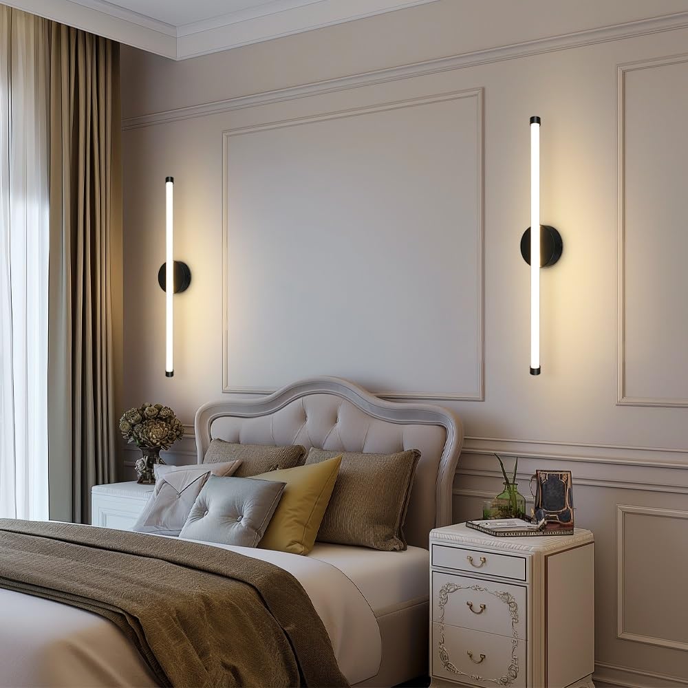 Liniowa lampa ścienna z długą rurą, ultracienki metalowy kinkiet z akrylowym kloszem, lampki nocne, kinkiet LED 11 W - 3000 K, dekoracyjne oświetlenie wewnętrzne(Black)