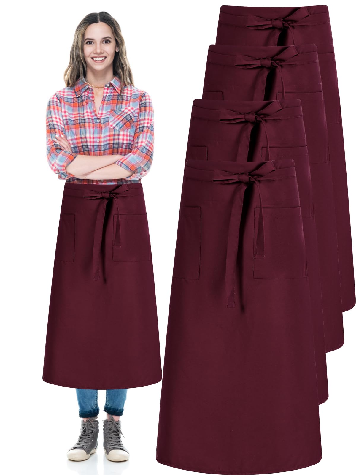 woonfond Unisex Bistro Chef Apron Waterproof Two Pockets Extra Long Waist Ties for Servers Chef Front of House Staff