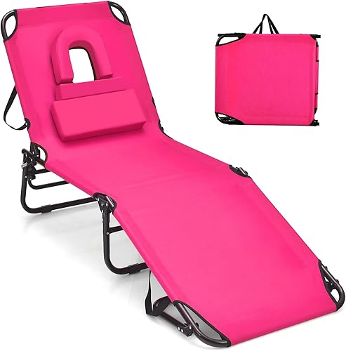 GYMAX Silla bronceadora, silla de playa de 350 libras con orificio facial, almohada lavable y correa de transporte, tumbona plegable ajustable,