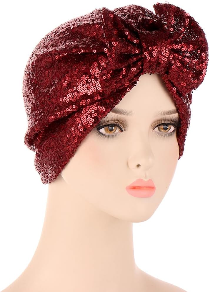Pre Tied Turban Hats for Women - Knotted Solid Sequin Caps Chemo Beanies Headwrap Headwear for Cancer Daily Use - Image 2