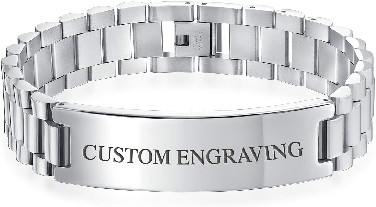 Bling Jewelry Customizable Identification Name Tag Curb Watchband ID Bracelet For Men Personalized Name Silver Tone Stainless Steel 8 Inch