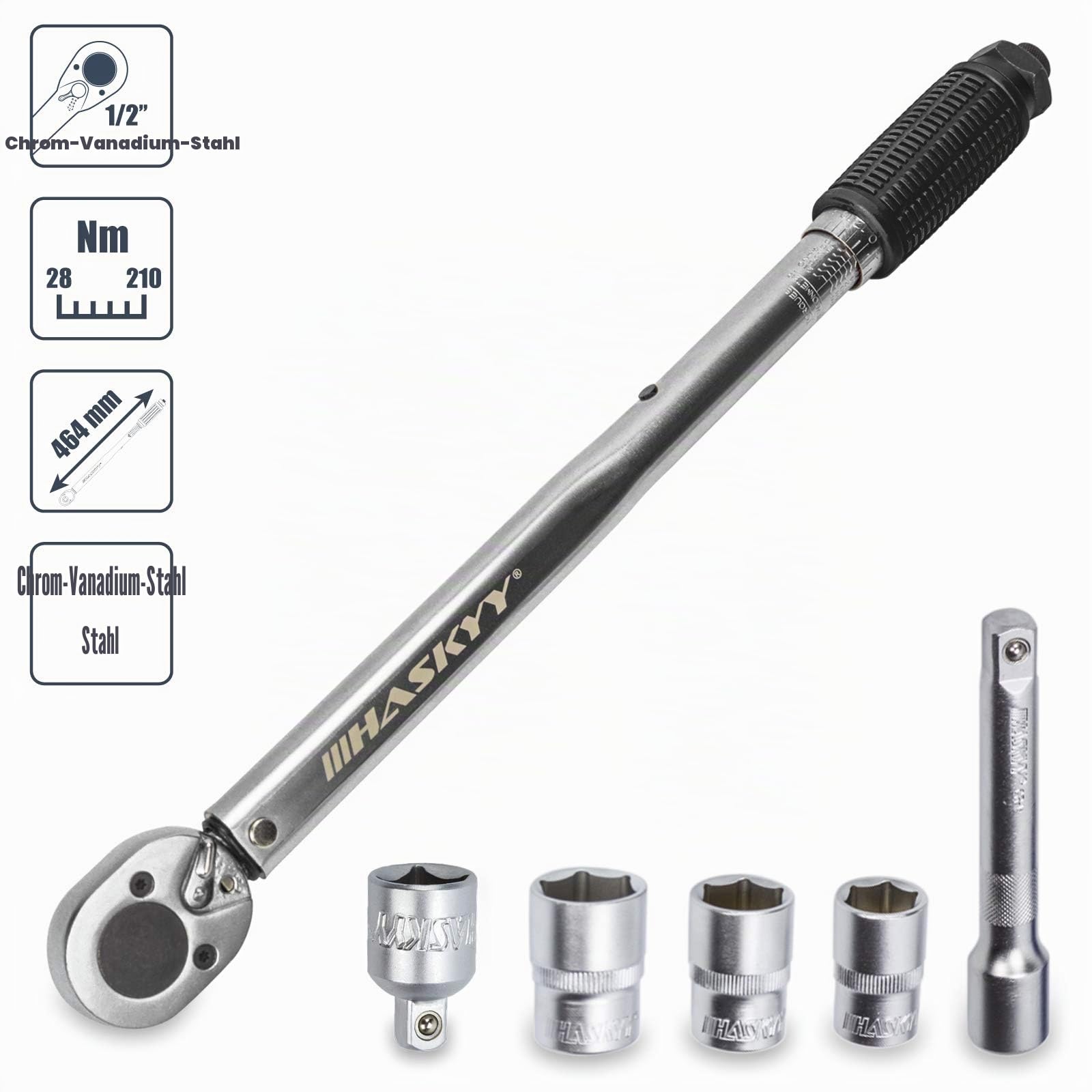 HASKYY Drehmomentschlüssel 28-210 Nm 1/2" Radschrauben-Radmuttern-Schraubenschlüssel inkl. Verlängerung & Radschrauben-Stecknüsse 17mm-19mm-21mm