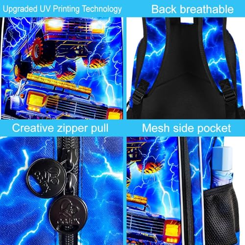 Image of 17 inch Truck Backpack for Boy, 3Pcs Lightning Bookbag for Elementary Preschool Kindergarten, Kids School Thunder Backpacks with Lunch Box (Blue)