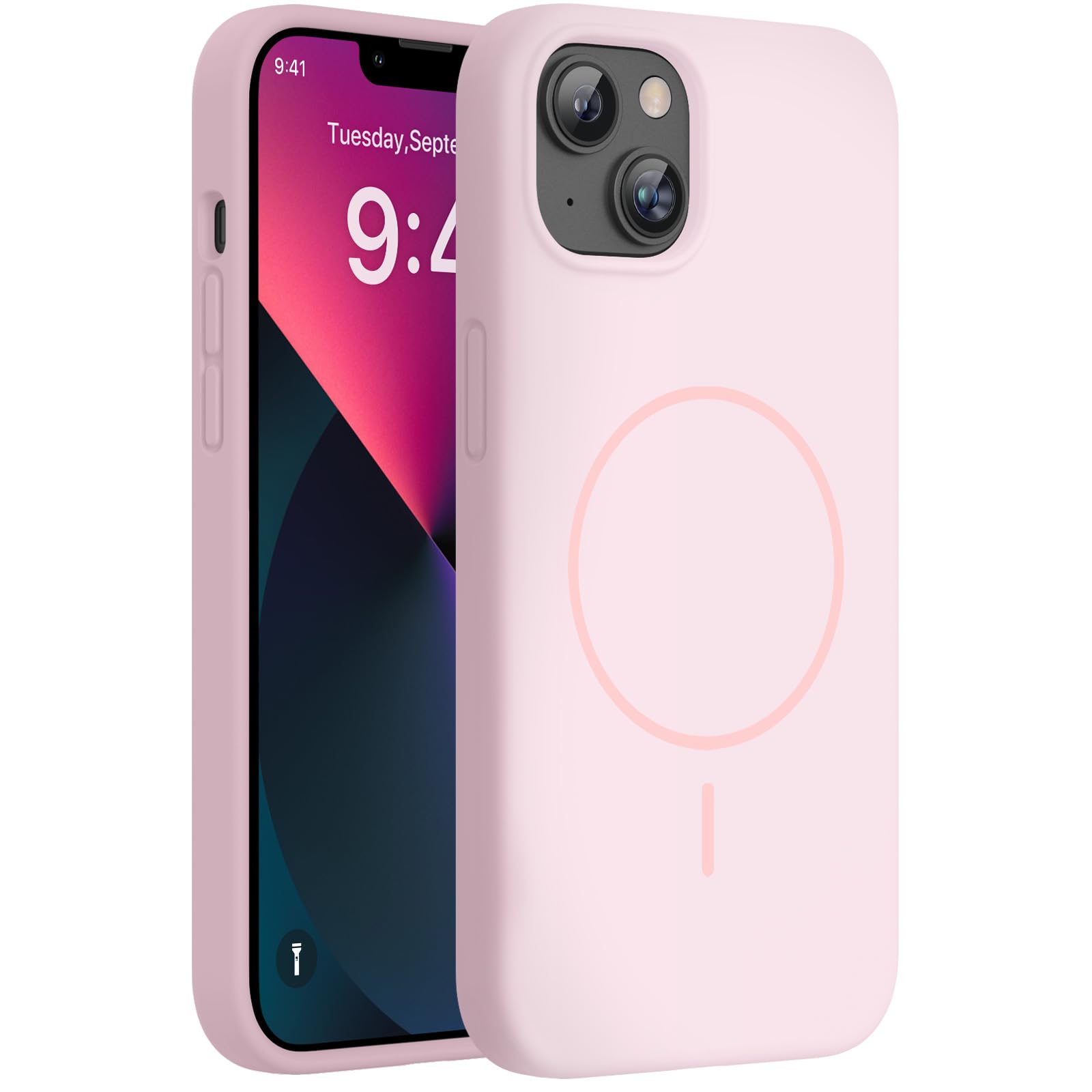 miracase Designed for iPhone 13 Case, [Soft Anti-Scratch Microfiber Lining], Shockproof Liquid Silicone Rubber Phone Cover Case for 13 6.1 inch, Sand Pink