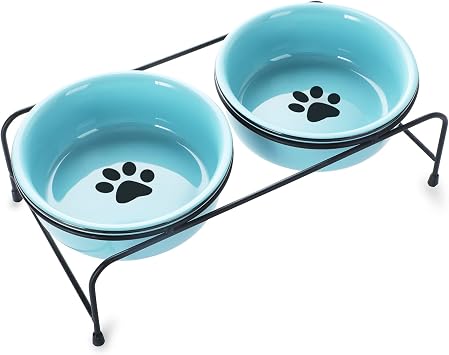 GDCZ Porcelain Raised Cat Bowls with Heighten Metal Stand and Non Slip Bottom 15 Ounces Turquoise