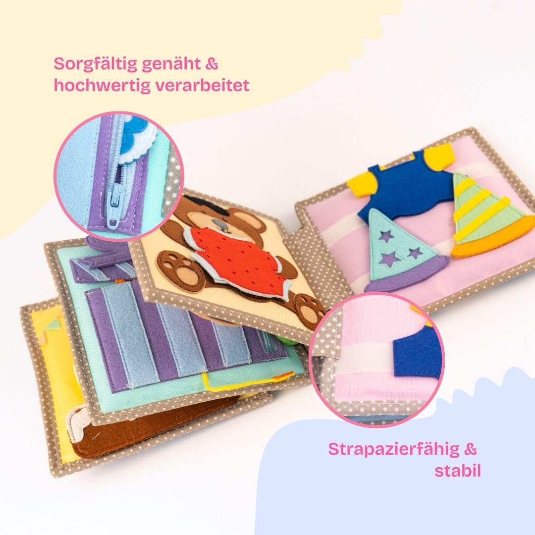 Jolly Designs – Happy Bearsday - 6 Seiten Mini Quiet Book – Montessori Spielzeug ab 1 Jahr – Motorik & Sensorik fördern – Handgefertigtes Filzbuch – Lernspielzeug für Kleinkinder – Busy Book