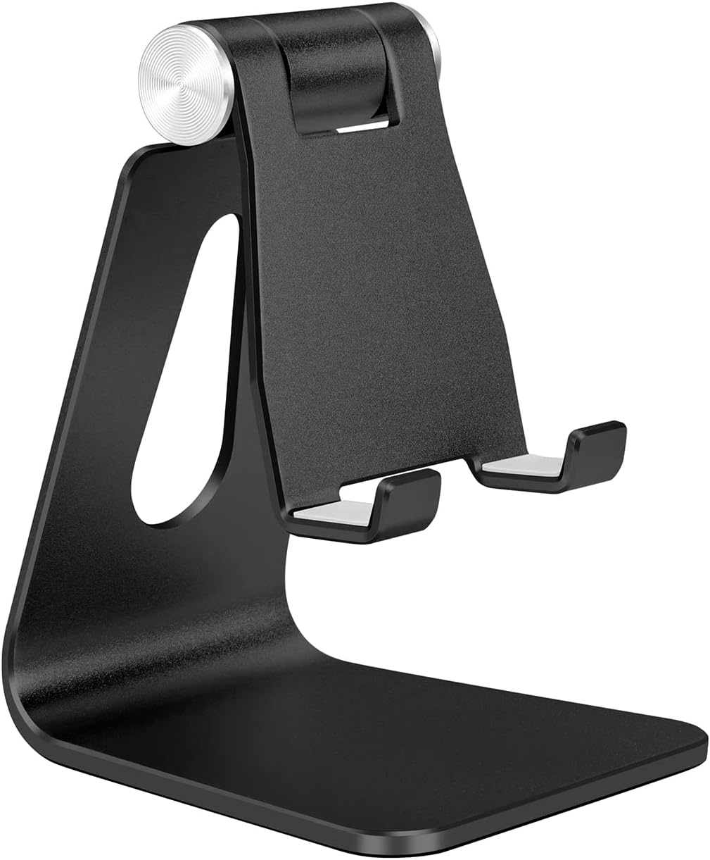 Black Foldable Aluminum Alloy Cell Phone Holder,Tabletop Metal Phone Stand with Adjustable Angle by Swivel Axis,Smartphone Cradle
