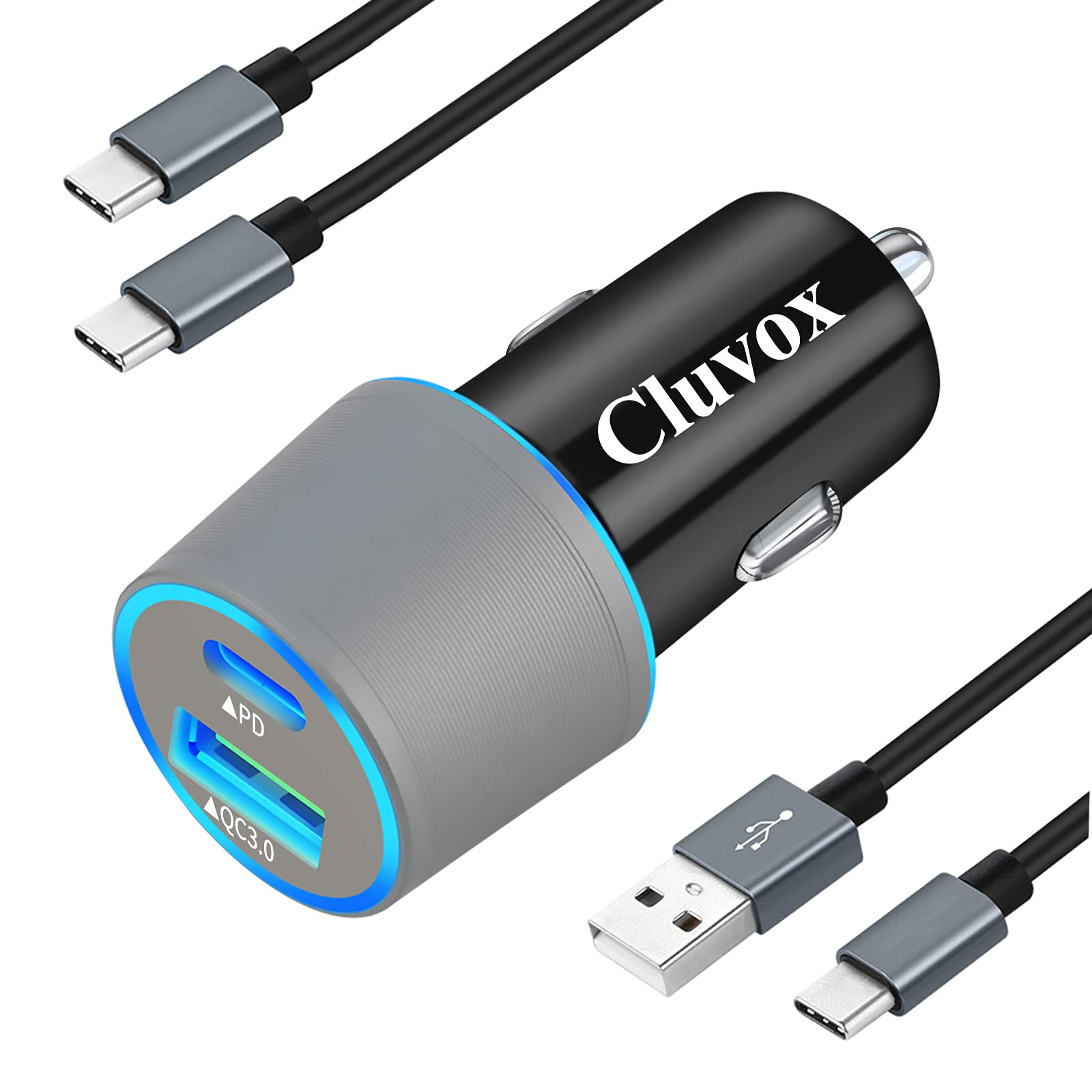 Cluvox USB C Car Charger, Dual 18W Fast Charging Compatible for Samsung Galaxy S21 Plus/Ultra/S20 FE/Plus/Ultra/Note 20/Ultra/10/9/8/S10e/S9/S8/A71 Phone Rapid Automobile Adapter - Gray