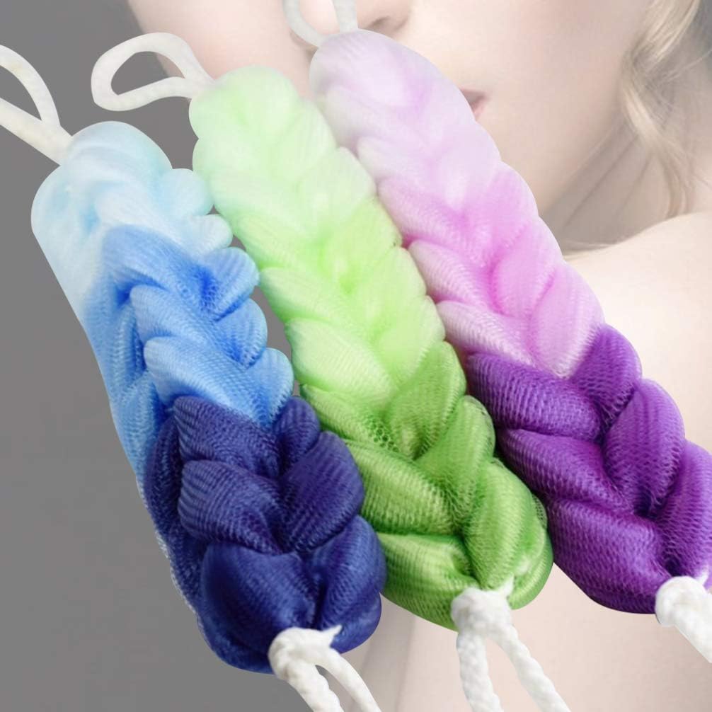 Healifty Exfoliating Bath Sponge with Long Stretch Back Scrubber and Rope Handles Mesh Shower Pouf for Gentle Dead Skin Removal and Deep Pore Cleansing 11.81 Inch 3Pcs