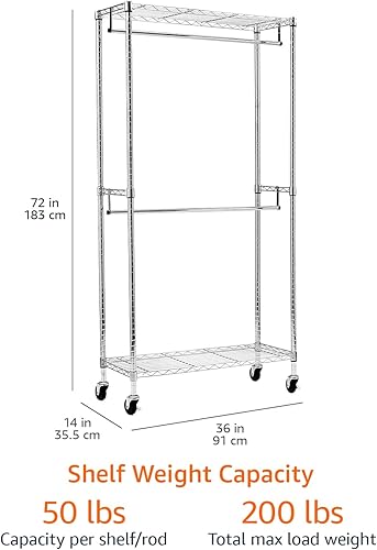 Miniatura 5 de Yaxa Basics Perchero de ropa ajustable para colgar, organizador de armario rodante con doble barra para colgar prendas, cromado, 36" x 14" x 72