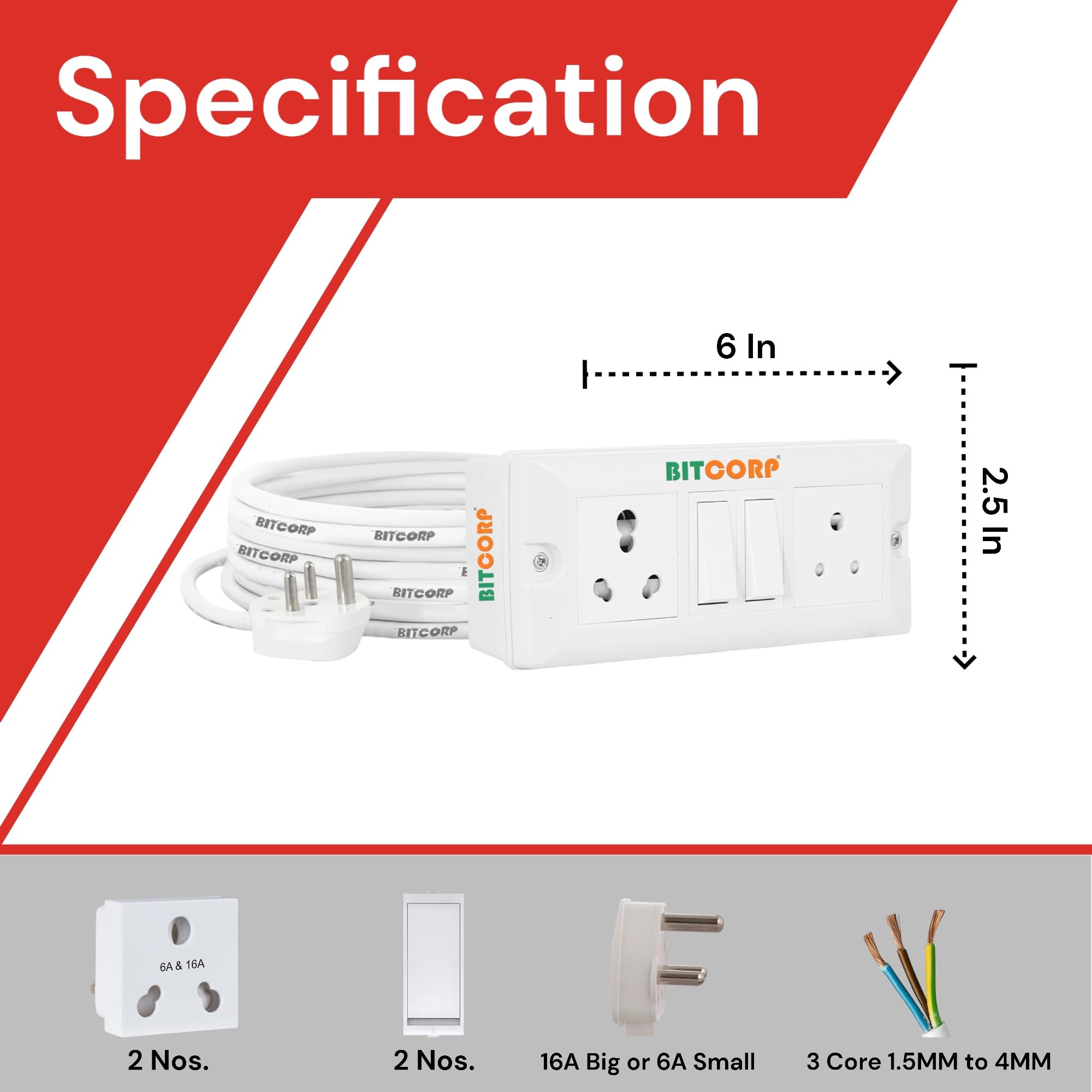 BITCORP 16A Power Extension Board with Switches with 2 Socket 2 Switch, 2500W, 5 Meter 1.5mm Electric Cord for Computer, Refrigerator, AC, TV, Home and Office Appliances 1