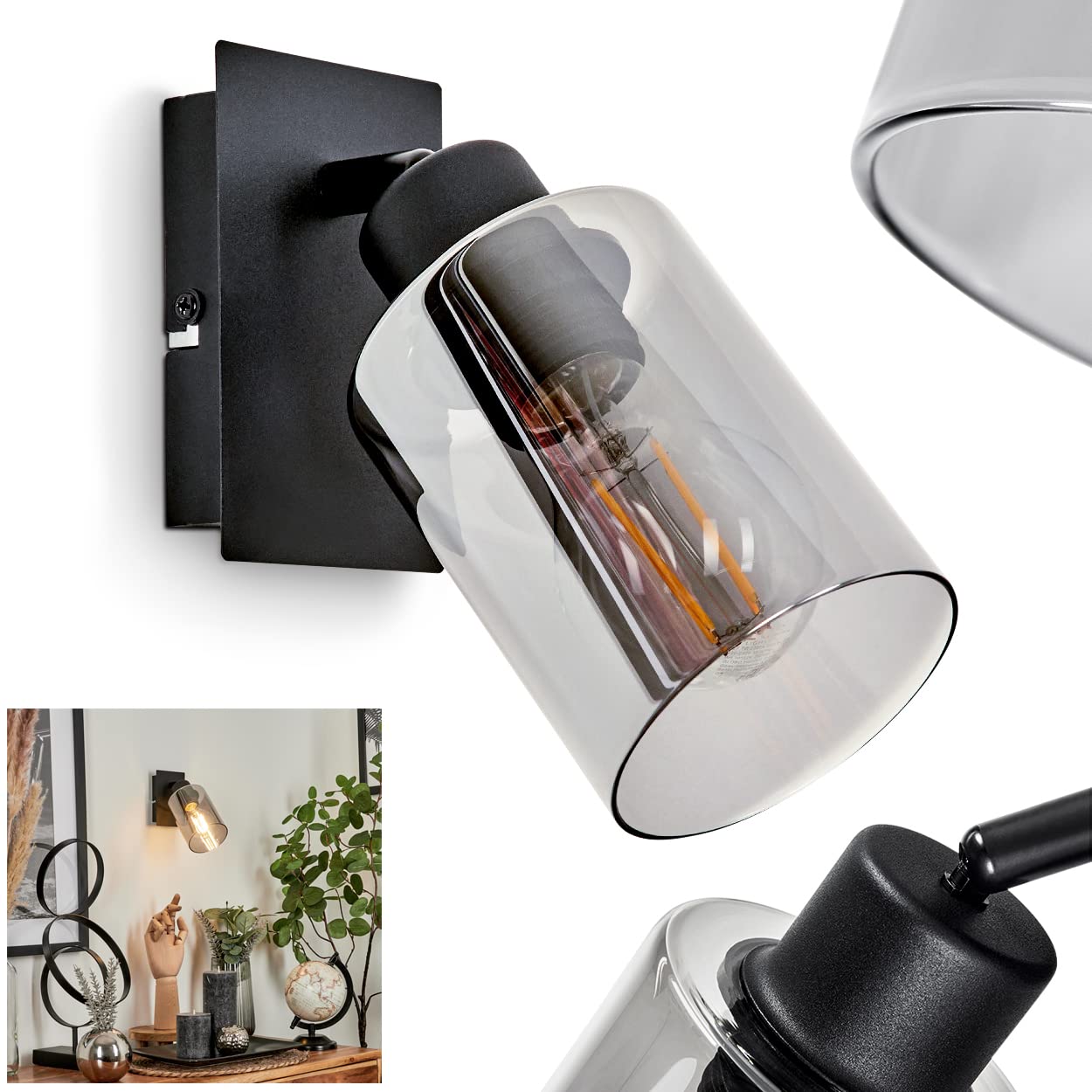 Hofstein Black Wall Light Hunouri, Modern Wall Lamp Made Of Metal/Glass In /Smoke Colour, Retro/Vintage Light With Lampshades Made Of Smoked Glass (Ø 9 Cm), 1-Flame, 1 X E27, Without Bulbs