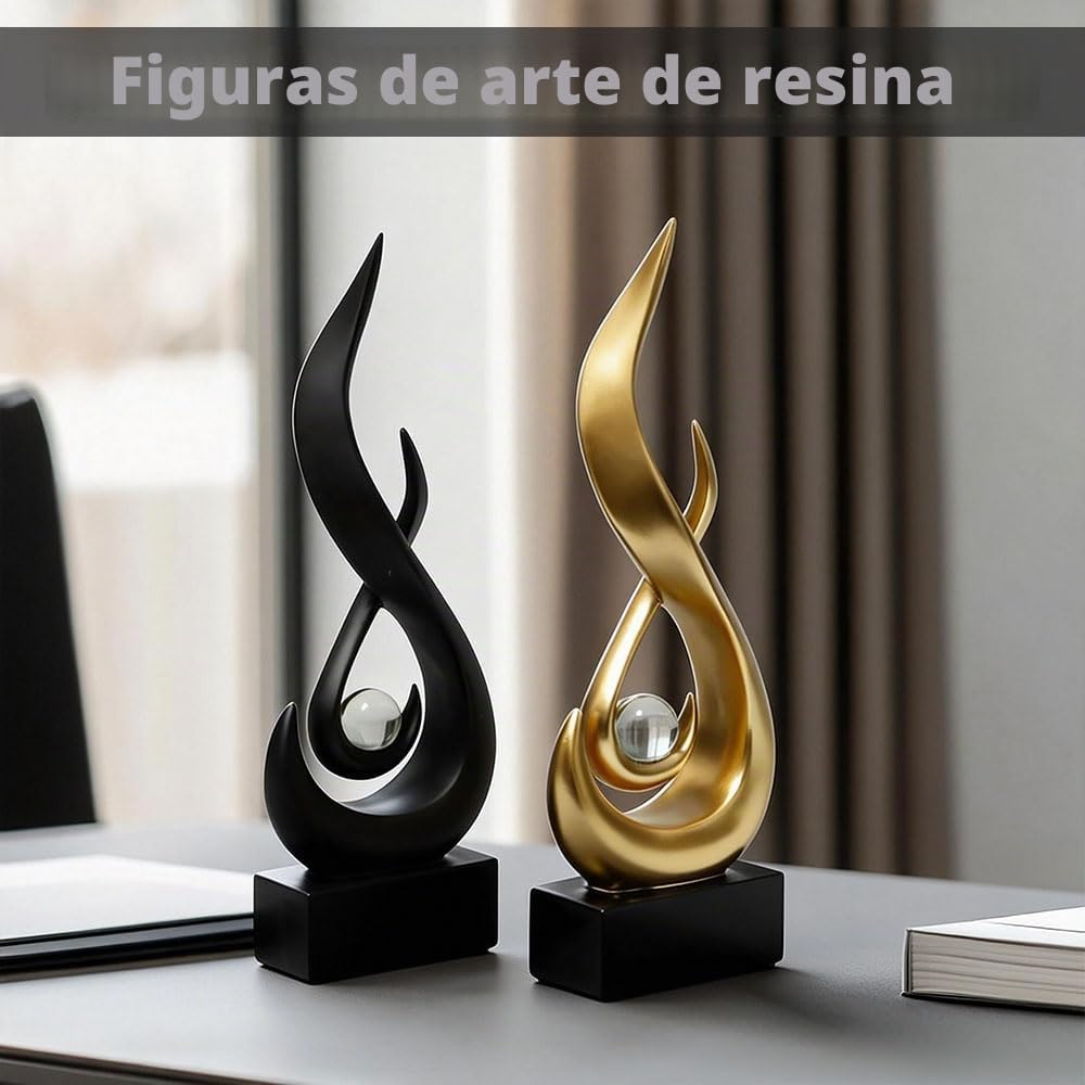 2 Piezas Esculturas de Llama Decoración Estatua Llama Moderna 29 x 8.7 x 4 cm con Bola de Cristal Escultura de Arte Abstracto para Sala de Estar, Oficinas, Comedor (Dorado, Negro)